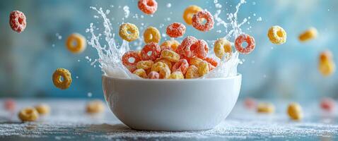 A bowl of cereal is falling into a bowl of milk, creating a mess. The bowl of cereal is filled with different colored rings, including yellow, orange, and red. The milk is splashing out of the bowl photo