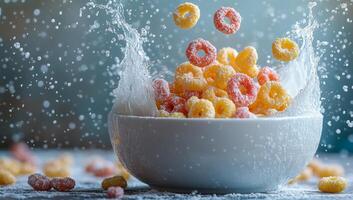 A bowl of cereal with a splash of milk and a few pieces of cereal floating in the air photo