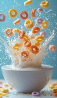A bowl of cereal is falling into a bowl of milk, creating a colorful and messy scene. Concept of fun and playfulness, as well as the idea of enjoying a simple and delicious breakfast photo
