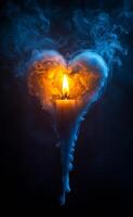 A candle is lit in the middle of a heart. The flame is orange and the smoke is blue. Concept of warmth and love photo