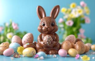 A chocolate bunny holding an Easter egg is surrounded by a pile of Easter eggs. Concept of celebration and joy, as the bunny and eggs are associated with the Easter holiday photo
