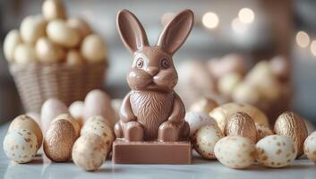 A chocolate rabbit sits on a table next to a basket of eggs. The scene is festive and playful, with the rabbit and eggs being a popular Easter symbol photo