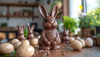 A chocolate bunny sits on a table with a pile of eggs and a few plants. The scene is cozy and inviting, with the bunny and eggs creating a sense of warmth and comfort photo