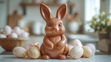 A chocolate bunny sits on a table with a bunch of eggs. The bunny is surrounded by eggs of different sizes and colors, creating a playful and festive atmosphere photo