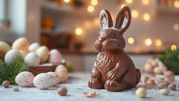 A chocolate bunny sits on a table with a basket of eggs and other candies. The bunny is surrounded by a festive atmosphere, with the eggs and candies suggesting a celebration or holiday photo