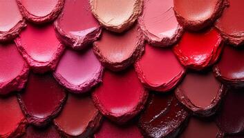 A close up of many different shades of red lipstick. Concept of variety and abundance, as there are numerous shades of red lipstick displayed in a row photo