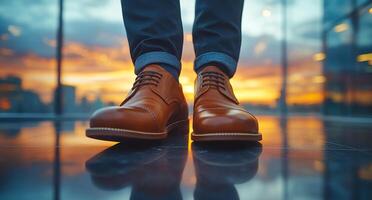A man is standing in front of a window with his feet in the air. The shoes he is wearing are brown and have a lace-up design. The image has a warm and inviting mood photo