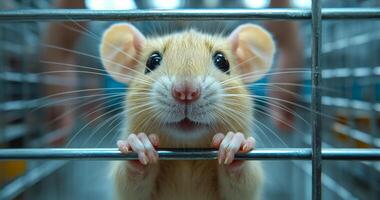 A small, furry, brown mouse is looking at the camera with its mouth open. Concept of curiosity and playfulness, as the mouse seems to be enjoying the attention it is receiving photo