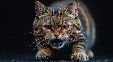A cat with its mouth open and teeth bared, looking angry. The cat is on a dark surface, and its fur is brown and black photo