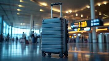 A black suitcase with wheels sits on the floor in a busy airport. The suitcase is open and ready for its owner to pack their belongings. The scene is bustling with people, some carrying handbags photo