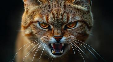 A cat with its mouth open and teeth bared, showing its fangs. The cat's eyes are red and it is angry or aggressive photo