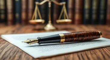A pen is on a piece of paper with a scale and books in the background. The pen is black and gold, and the scale is made of metal. The books are arranged in a row photo