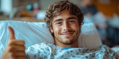 A man in a hospital bed is smiling and giving a thumbs up. He is wearing a hospital gown and he is in a good mood photo