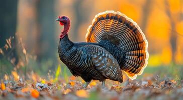 A turkey with a red head and brown feathers is walking through a field of leaves. The leaves are orange and yellow, creating a warm and inviting atmosphere. The turkey's feathers are spread out photo