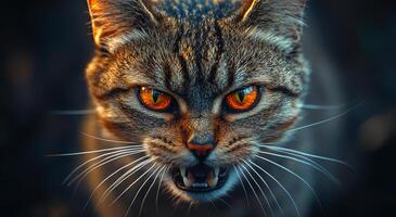 A cat with orange eyes and a menacing look on its face. The cat's fur is brown and black, and it has a large, sharp-looking mouth. Concept of danger and aggression photo