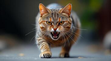A cat is walking on a sidewalk and has its mouth open, showing its teeth. The cat appears to be angry or aggressive, and its body language suggests that it is ready to attack photo