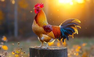 A rooster stands on a log in a field. The rooster is a mix of red, yellow, and blue colors photo