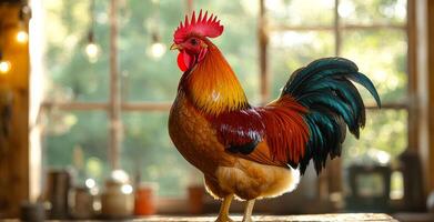 A rooster stands in front of a window, looking out at the world. The bright colors of its feathers and the way it stands tall give the image a sense of energy and vitality photo