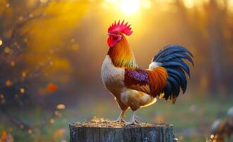 A rooster stands on a log in a field. The sun is setting in the background, casting a warm glow on the scene. The rooster's bright colors and the peaceful setting create a sense of calm and serenity photo