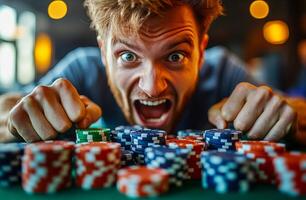 A man is playing poker with a pile of chips in front of him. He is wearing a blue shirt and has a big smile on his face photo