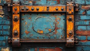 A rusty metal frame with a blue brick wall behind it. The frame is old and worn, with many holes and rust spots. The blue brick wall adds a sense of contrast and depth to the scene photo