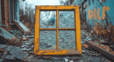 A yellow window with broken glass in it. The window is in a desolate area with a lot of debris photo