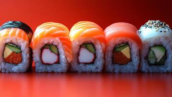 A row of sushi rolls with different ingredients, including avocado, shrimp, and crab. The rolls are arranged in a line on a red background photo