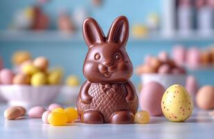 A chocolate bunny sits on a table with a bunch of Easter eggs and candy. The scene is festive and playful, with the bunny being the main focus of the image photo