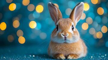 A rabbit is sitting on a blue surface with a blurry background. The rabbit is looking directly at the camera photo