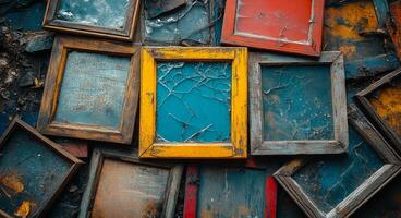 A pile of old, broken frames with one yellow frame in the middle. The frames are of different colors and sizes, and they appear to be in various stages of disrepair. Concept of nostalgia and decay photo