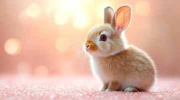 A cute little rabbit is sitting on a pink surface. The rabbit is small and adorable, with its ears perked up and looking at the camera. The pink background adds a touch of warmth photo