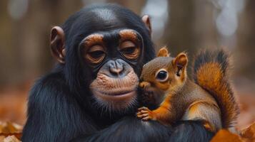 A baby monkey and a baby squirrel are cuddling together. The scene is warm and affectionate, showing the bond between the two animals photo