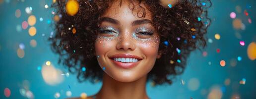 Glimmering woman on blue bg. A joyful young woman smiles with glitter on her face, surrounded by colorful confetti against a blue backdrop. photo