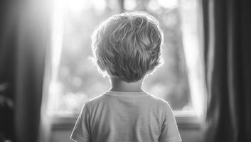 Child gazing out of window in sunlight. A young child stands silently, looking out of a sunlit window, deep in thought as light filters through. photo