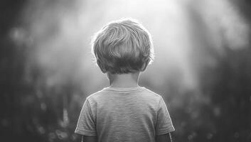 Child in sunlight, reflecting. A young child with blonde hair gazes into a bright natural setting, immersed in quiet contemplation during daytime. photo