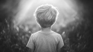 Child enjoying sunny outdoors. A young child stands in a field, gazing at the sunlight filtering through trees, evoking a sense of wonder. photo