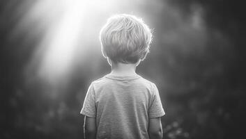 Boy gazes into a bright forest light. A young boy stands with his back to the camera, staring into a bright light filtering through trees. photo