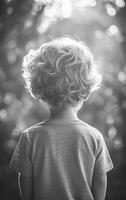 Child looking at light in forest. A young child stands with curly hair, facing a bright light in a lush forest, evoking a sense of wonder and curiosity. photo
