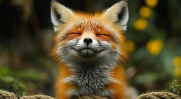 Cute fox smiling in a green environment. A cheerful fox with bright orange fur and a playful expression enjoys its surroundings filled with greenery and flowers. photo
