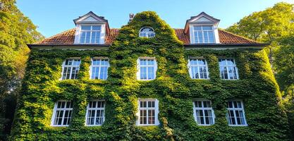 Ivy-covered historic building. An elegant historic building covered in lush green ivy stands surrounded by trees in a peaceful environment. photo