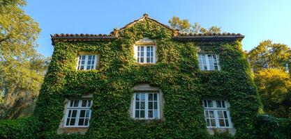 Ivy house in peaceful setting. A charming house shrouded in vibrant ivy stands surrounded by lush greenery under a clear blue sky. photo