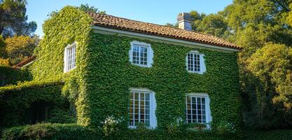House covered in green ivy at sunny day. A charming house is enveloped in lush green ivy under a clear blue sky in a tranquil suburban setting. photo