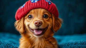 Happy dog wearing a vibrant red beret. A cheerful dog with fluffy fur and a red beret is posing against a textured backdrop, displaying joyful expression. photo