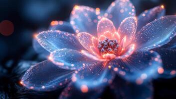 Glowing flower in the dark. A luminous flower with sparkling petals is showcased against a dark background, creating a captivating ambiance. photo
