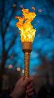 Bright flames illuminate the night sky. A golden torch with flames burns brightly in a person's hand against a blurred background of trees at dusk. photo