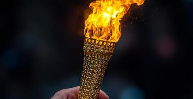 Flames burst from a raised torch. A person holds a golden ceremonial torch with flames blazing during a festival celebration at dusk. photo