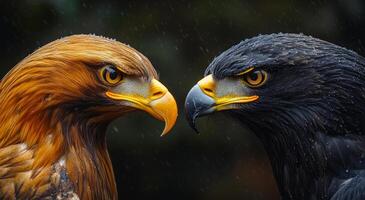 Eagles face off in dramatic encounter. Two majestic eagles with striking feathers confront each other in a tense moment during the rain. photo