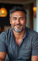 Happy man in casual shirt. A cheerful man with gray hair and facial stubble sits smiling warmly, creating a relaxed and inviting atmosphere. photo