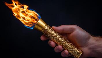 Unique torch with vibrant flames in hand. A hand holds a decorative torch emitting bright blue and orange flames, creating a striking visual effect. photo