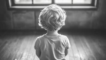 Child gazing out a window. A young child with curly hair stands quietly, looking out a large window in a softly lit room, lost in thought. photo